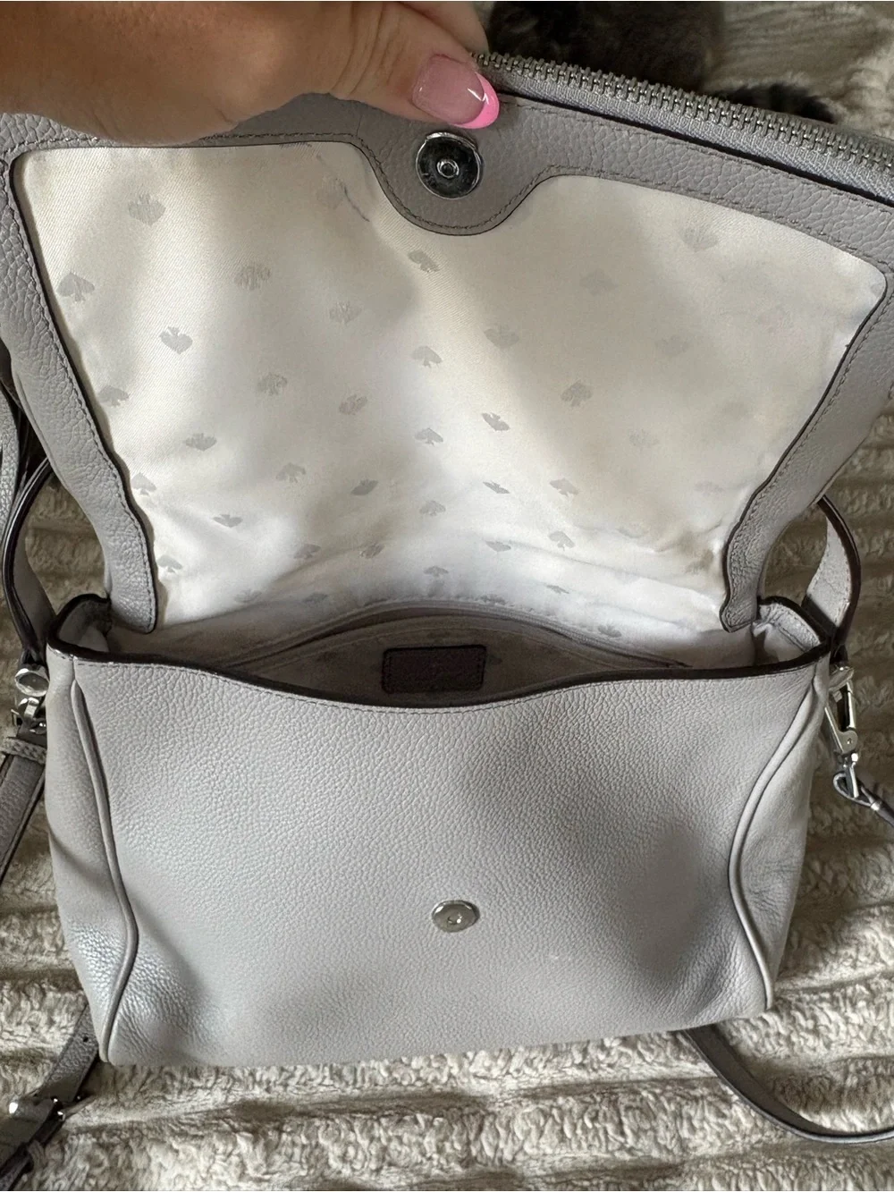 kate spade Silver-Gray Pebbled Leather Shoulder Bag with Tassel